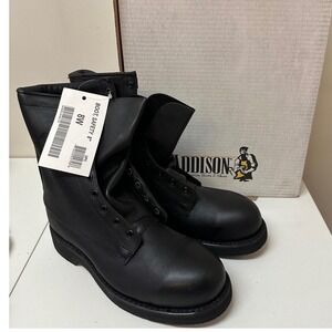 Addison Shoe Company Mens 8W Black Leather 8 Inch Safety Boots Vibram USA Made